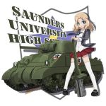  1girl blonde_hair blue_eyes blush breasts cannon caterpillar_tracks cyber_(cyber_knight) girls_und_panzer jacket kay_(girls_und_panzer) long_hair m4_sherman military military_vehicle open_clothes school_uniform signature skirt smile tank thigh-highs thighhighs vehicle white_legwear 