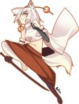  1girl :&lt; animal_ears bare_shoulders detached_sleeves highres inubashiri_momiji jumping looking_up matsuyuki_kabun midriff short_hair silver_hair simple_background solo tail thigh-highs thighhighs touhou white_background white_legwear wide_sleeves wolf_ears wolf_tail 