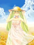  1girl absurdres armpits arms_up closed_eyes cloud clouds dress eyes_closed flower green_hair hat hatsune_miku highres long_hair olo sky solo sun_hat twintails vocaloid 