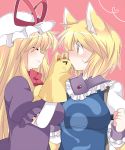  &gt;_&lt; 2girls ^_^ blonde_hair bust closed_eyes eyes_closed fox_tail hammer_(sunset_beach) hand_puppet hat heart heart_of_string kiss long_hair multiple_girls no_hat no_headwear puppet short_hair smile tail touhou yakumo_ran yakumo_yukari yellow_eyes 