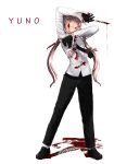  absurdres black_gloves blade blood blood_on_face bloody_clothes bow dual_wielding formal gasai_yuno gloves hana_keijou hanakeijou hidden_blade highres mirai_nikki necktie pants pink_eyes pink_hair shirt solo suit twintails weapon 