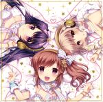 3girls :d :o album_cover bare_shoulders bracelet brown_hair choker cover hair_ornament headphones jewelry long_hair looking_at_viewer lying multicolored_stripes multiple_girls on_back on_side open_mouth original ponytail purple_eyes purple_hair ribbon short_hair side_ponytail smile star striped striped_ribbon violet_eyes wasabi_(sekai) yellow_eyes 