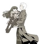  1boy 1girl archer aya7721 carrying fate/extra fate_(series) female_protagonist_(fate/extra) long_hair monochrome no_shoes pantyhose princess_carry 