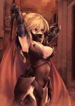 1girl armor armpits arms_up blonde_hair breasts cape cleavage elbow_gloves gauntlets gloves greaves kirishima_satoshi large_breasts original ponytail red_eyes solo sword thigh-highs thighhighs weapon 