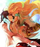  1boy 1girl black_hair blonde_hair coat gloves green_hair jude_mathis long_hair male milla_maxwell open_mouth red_eyes rocoya short_hair skirt smile tales_of_(series) tales_of_xillia thigh-highs thighhighs 