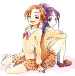  2girls back-to-back blazer blush brown_eyes brown_hair futari_wa_precure_splash_star hyuuga_saki kurocchirokko long_hair mishou_mai multiple_girls open_mouth ponytail precure purple_eyes purple_hair school_uniform short_hair sitting skirt smile violet_eyes 