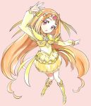  1girl boots brooch bubble_skirt choker circlet cure_muse cure_muse_(yellow) dress frills hair_ribbon heart jewelry kurocchirokko long_hair magical_girl open_mouth orange_hair pink_background precure red_eyes ribbon shirabe_ako solo suite_precure tiara yellow_dress 