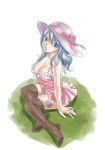  1girl blue_eyes blue_hair breasts cleavage dress fairy_tail feet hat hat_ribbon juvia_loxar large_breasts long_hair mashima_hiro official_art ribbon sitting solo tattoo thigh-highs thighhighs 