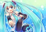  1girl ahoge aqua_hair blue_eyes detached_sleeves hatsune_miku long_hair microphone moe_on_drop necktie open_mouth skirt solo thigh-highs twintails very_long_hair vocaloid 
