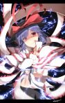  1girl absurdres artist_name bow capelet electricity hat hat_bow highres letterboxed minagokoro nagae_iku navel purple_hair red_eyes shawl short_hair smile solo touhou 