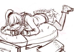  1girl bakemonogatari casual controller doughnut game_console game_controller gamepad highres long_hair monochrome monogatari_(series) mouth_hold oshino_shinobu pan!ies pantyhose pillow playing_games playstation_2 side_ponytail sketch skirt solo teenage 