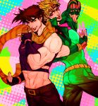  2boys blonde_hair blue_eyes brown_hair caesar_anthonio_zeppeli facial_mark fingerless_gloves gloves green_eyes green_jacket haine13 headband jojo_no_kimyou_na_bouken joseph_joestar_(young) midriff multiple_boys muscle posing scarf 