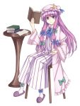  1girl blush book bow chair crescent dress hair_bow hair_ribbon hat long_hair note patchouli_knowledge purple_eyes purple_hair ribbon sitting smile solo table take5321 touhou violet_eyes 