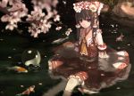  1girl ascot bow brown_eyes brown_hair cherry_blossoms detached_sleeves dress fish flower hair_bow hair_flower hair_ornament hair_tubes hakurei_reimu koi long_hair long_sleeves looking_at_viewer petals red_dress solo touhou water wide_sleeves xiao_qiang_(overseas) 