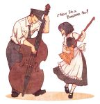  1boy 1girl apron black_hair broom closed_eyes double_bass english eyes_closed hat instrument maid mary_janes musical_note necktie original playing_instrument shoes short_hair smile terajin traditional_media uniform waist_apron white_legwear 