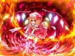  1girl ankle_socks ascot blonde_hair bow fang fire flandre_scarlet flying hair_ribbon laevatein looking_at_viewer mary_janes mob_cap open_mouth puffy_short_sleeves puffy_sleeves red_eyes ribbon shoes short_hair short_sleeves side_ponytail skirt solo touhou vest wings yudaoshan 