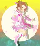  1girl boots bow braid brown_eyes brown_hair cosplay cure_heart cure_heart_(cosplay) detached_sleeves dokidoki!_precure hair_bow kaburagi_kaede magical_girl precure side_ponytail tiger_&amp;_bunny washbear1227 yellow_eyes 