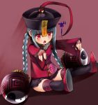  1girl ball blush braid chinese_clothes drooling garakuta grey_hair hat highres jiangshi long_hair ofuda open_mouth original outstretched_arms red_eyes saliva sitting skirt solo traditional_clothes twin_braids zombie_pose 