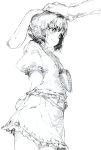  1girl absurdres animal_ears arms_behind_back bunny_ears bunny_tail carrot graphite_(medium) highres inaba_tewi jewelry konnanottenaiyo monochrome necklace petting rabbit_ears short_hair skirt skirt_set smile solo tail touhou traditional_media 