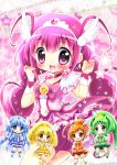  5girls aoki_reika chibi cure_beauty cure_happy cure_march cure_peace cure_sunny hino_akane hoshizora_miyuki kise_yayoi magical_girl midorikawa_nao multiple_girls pink_background precure smile_precure! yuuki_arisu 