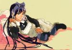  1girl apron black_hair bow drawfag gothic_lolita green_eyes hair_bow hairband lolita_fashion long_hair on_side panty_&amp;_stocking_with_garterbelt pantyhose reclining sketch solo stocking_(psg) striped striped_legwear very_long_hair 