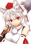  1girl animal_ears blush breasts bust detached_sleeves hat highres inubashiri_momiji large_breasts looking_at_viewer nosuku red_eyes short_hair solo sword tokin_hat touhou weapon white_hair wolf_ears 