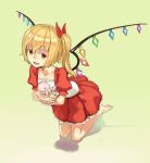  1girl bare_legs barefoot blonde_hair character_doll collarbone colored_eyelashes flandre_scarlet hair_ribbon highres holding jinyuan712 kneeling no_hat no_headwear open_mouth red_eyes remilia_scarlet ribbon short_hair side_ponytail skirt skirt_set smile solo touhou wings 