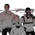  3boys balaclava cigarette closed_eyes gloves hoodie male mask monochrome multiple_boys no_hat no_headwear open_mouth simple_background smile smoke smoking t8909 team_fortress_2 the_scout the_sniper the_spy white_background 