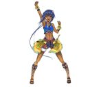  1girl :d absurdres arm_up armpits belt blue_eyes blue_hair cocoroten crop_top dagger dark_skin earrings facial_mark highres jewelry long_hair midriff navel open_mouth original sheath shorts simple_background smile solo weapon white_background 