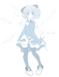  1girl blue_eyes blue_hair blush bow cirno dress dress_lift hair_bow looking_at_viewer mikuma short_hair simple_background smile solo thigh-highs touhou white_background 