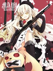  1girl bondson doll elbow_gloves foreshortening from_below gloves gun kar98 mayu_(vocaloid) rifle solo vocaloid weapon 