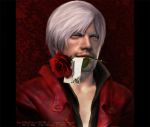  1boy blue_eyes dante devil_may_cry devil_may_cry_4 ebonykkk facial_hair flower highres jacket mouth_hold portrait realistic red_jacket rose short_hair solo stubble unzipped watermark web_address white_hair 