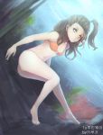  1girl absurdres barefoot bikini brown_hair bubble coral freediving highres korean long_hair ocean solo swimming swimsuit tied_hair underwater water yellow_eyes zlfnrk 