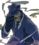  1boy blue_eyes cigarette fancy_fedora fedora formal gloves grin hat le_party_phantom looking_at_viewer male mask necktie simple_background smile smoke solo spy-cicle suit t8909 team_fortress_2 the_spy weapon white_background 