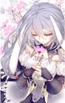  1girl animal_ears bare_shoulders closed_eyes detached_sleeves dress flower grey_hair long_hair original rabbit_ears smile solo sptuel 