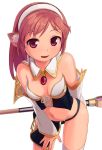  1girl absurdres animal_ears bare_shoulders blush breasts brown_hair detached_sleeves gogo_shichi-ji hairband highres looking_at_viewer mage midriff navel open_mouth original short_hair skirt smile solo thigh-highs thighhighs wand 