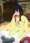  1girl absurdres black_hair blue_eyes glasses highres kitashirakawa_tamako long_hair nyantype official_art pajamas solo tamako_market wink 