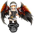  1girl bare_shoulders black_legwear black_wings elsword eve_(elsword) expressionless fingerless_gloves forehead_jewel gloves jewelry long_hair necklace poseich skirt solo thigh-highs veil white_background white_hair wings yellow_eyes 