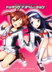  2girls :d ;d blue_eyes blue_hair blush brown_eyes futaba_aoi_(vividred_operation) hairband hands_clasped highres holding_hands isshiki_akane kneehighs long_hair looking_at_viewer multiple_girls musukichi open_mouth school_uniform scrunchie shoes short_hair short_shorts shorts smile sneakers twintails vividred_operation wink 