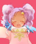  1girl :d closed_eyes creature dark_skin meredy on_shoulder open_mouth pink pink_background purple_hair quickie rias-shiki_kawaii smile tales_of_(series) tales_of_eternia twintails 