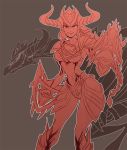  alternate_form armor dragon fang horned_helmet league_of_legends monochrome shyvana smirk solo 