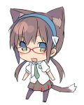  1girl animal_ears blue_hair brown_hair cat_ears cat_tail dress_shirt extra_ears glasses hairband kemonomimi_mode long_hair low_twintails makinami_mari_illustrious mizuki_(koko_lost) necktie neon_genesis_evangelion open_mouth rebuild_of_evangelion red-framed_glasses shirt skirt smile solo tail touhou 