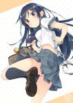  1girl aragaki_ayase blue_eyes blue_hair blue_legwear cuffs handcuffs jpeg_artifacts kneehighs long_hair looking_at_viewer open_mouth ore_no_imouto_ga_konna_ni_kawaii_wake_ga_nai peko school_uniform shiny shiny_hair shoes solo teeth 