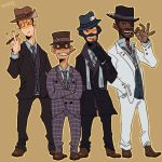  4boys balaclava cigar dark_skin eyepatch formal gloves goggles grin hat heart loose_necktie male mouth_hold multiple_boys necktie simple_background smile standing suit sunglasses t8909 team_fortress_2 the_demoman the_engineer the_sniper the_spy wink 