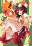  1girl :d autumn_leaves brown_hair fan hat mikan_(bananoha) open_mouth outstretched_arm red_eyes shameimaru_aya short_hair skirt smile solo tengu-geta tokin_hat touhou 