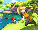  1girl belt blonde_hair emphasis_lines fishing_rod forest hat highres long_hair motion_blur nature pants poke_ball pokemon pokemon_special ponytail river sig_(sfried) smile solo tree yellow_(pokemon) 