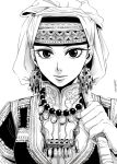  1girl amira bow_(weapon) bust earrings head_scarf holding jewelry light_smile monochrome necklace otoyomegatari pearl pearl_necklace riotactxx solo traditional_clothes weapon 