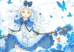 1girl bell blue_dress blue_rose bow butterfly capelet dress flower fred04142 hair_bow long_hair long_sleeves looking_at_viewer open_mouth original rose silver_hair smile solo staff very_long_hair wide_sleeves wind wind_lift yellow_eyes 