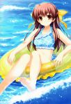  absurdres alpha_(artist) bikini bow brown_eyes brown_hair floating hair_bow halterneck highres innertube legs ocean scan sitting swimsuit water waves 