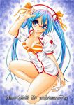  1girl bikini_top blue_eyes blue_hair bra breasts cleavage front-tie_top glasses hat long_hair nightmare77zx nurse open_clothes open_toe_shoes original ribbon solo striped striped_bra syringe traditional_media twintails underwear 